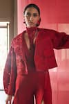 Pankaj & Nidhi_Red Tulle + Silk Organza The Xv Intaglio Dragon Bomber Jacket  _Online_at_Aza_Fashions