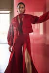 Pankaj & Nidhi_Red Jacket Tulle + Silk The Xv Intaglio Dragon Bomber With Jumpsuit  _Online_at_Aza_Fashions