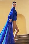 Pankaj & Nidhi_Blue Cape Silk Georgette Embellished The Xv Yoke Bodysuit And Cascade  _Online_at_Aza_Fashions