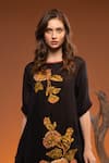 Capisvirleo_Black Linen Embroidery Floral Boat Neck Godiva Patchwork Printed Tunic  _Online_at_Aza_Fashions