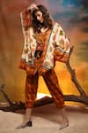 Capisvirleo_Orange Cotton Printed Checkered Lapel Oakwood Boho Shirt And Pant Set  _at_Aza_Fashions