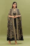 Buy_NIRRAAMYAA_Black Bemberg Crepe Embroidered Rhinestone Cape Floral Swirl Print Kaftan _at_Aza_Fashions