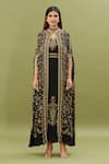 NIRRAAMYAA_Black Bemberg Crepe Embroidered Rhinestone Cape Floral Swirl Print Kaftan _Online_at_Aza_Fashions