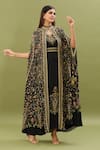 Buy_NIRRAAMYAA_Black Bemberg Crepe Embroidered Rhinestone Cape Floral Swirl Print Kaftan _Online_at_Aza_Fashions