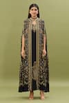 NIRRAAMYAA_Black Bemberg Crepe Embroidered Rhinestone Cape Floral Swirl Print Kaftan _at_Aza_Fashions