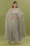 Buy_NIRRAAMYAA_Grey Vis Georgette Embroidered Rhinestone Round Pearl Print Cape Sleeve Kaftan _at_Aza_Fashions