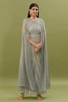 NIRRAAMYAA_Grey Vis Georgette Embroidered Rhinestone Round Pearl Print Cape Sleeve Kaftan _Online_at_Aza_Fashions