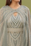 Shop_NIRRAAMYAA_Grey Vis Georgette Embroidered Rhinestone Round Pearl Print Cape Sleeve Kaftan _Online_at_Aza_Fashions