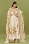Buy_NIRRAAMYAA_Beige Organza Embroidered Floral Swirl Print Cape And Gown Set _at_Aza_Fashions