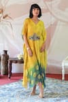 Buy Farha Syed Yellow Georgette, Taffeta Embroidery, Sequins V-neck Floral Woven Kaftan Dress at Aza Fashions Buy_Farha Syed_Yellow Georgette, Taffeta Embroidery, Sequins V-neck Floral Woven Kaftan Dress _at_Aza_Fashions