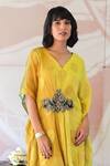Shop Farha Syed Yellow Georgette, Taffeta Embroidery, Sequins V-neck Floral Woven Kaftan Dress at Aza Fashions Shop_Farha Syed_Yellow Georgette, Taffeta Embroidery, Sequins V-neck Floral Woven Kaftan Dress _at_Aza_Fashions