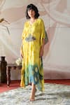 Shop Farha Syed Yellow Georgette, Taffeta Embroidery, Sequins V-neck Floral Woven Kaftan Dress Online at Aza Fashions Shop_Farha Syed_Yellow Georgette, Taffeta Embroidery, Sequins V-neck Floral Woven Kaftan Dress _Online_at_Aza_Fashions