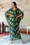 Buy_Farha Syed_Green Brocade, Georgette Embroidery V-neck Polka Dot Woven Kaftan Dress _at_Aza_Fashions