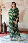 Shop_Farha Syed_Green Brocade, Georgette Embroidery V-neck Polka Dot Woven Kaftan Dress _Online_at_Aza_Fashions
