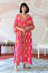 Buy_Farha Syed_Pink Banarasi Georgette Embroidery Floral V Neck Woven Kaftan Kurta And Pant Set _at_Aza_Fashions