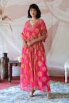 Shop_Farha Syed_Pink Banarasi Georgette Embroidery Floral V Neck Woven Kaftan Kurta And Pant Set _Online_at_Aza_Fashions