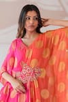 Shop_Farha Syed_Pink Banarasi Georgette Embroidery Floral V Neck Placement Kaftan Dress _at_Aza_Fashions