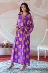 Farha Syed Purple Georgette, Taffeta Embroidery, Cut Work V-neck Flower Woven Kaftan Dress at Aza Fashions Farha Syed_Purple Georgette, Taffeta Embroidery, Cut Work V-neck Flower Woven Kaftan Dress _at_Aza_Fashions