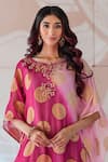 Shop_Farha Syed_Pink Banarasi Georgette Embroidery Floral Keyhole Mirror Neckline Kaftan Dress _at_Aza_Fashions