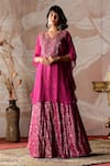 Buy_Farha Syed_Wine Georgette, Brocade Cut Work, Embroidery V-neck Geometric Woven Kaftan Set _at_Aza_Fashions