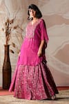 Farha Syed_Wine Georgette, Brocade Cut Work, Embroidery V-neck Geometric Woven Kaftan Set _at_Aza_Fashions
