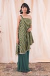 Shop_Farha Syed_Green Kaftan Banarasi Brocade Woven Tear Drop Straight Neck And Flared Pant Set _Online_at_Aza_Fashions