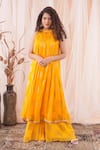 Buy_Farha Syed_Yellow Banarasi Georgette Woven Floral Halter Kaftan Kurta And Flared Pant Set _at_Aza_Fashions