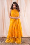 Buy_Farha Syed_Yellow Banarasi Georgette Woven Floral Halter Kaftan Kurta And Flared Pant Set _Online_at_Aza_Fashions