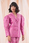 Shop_Farha Syed_Magenta Banarasi Brocade Woven Floral Notched Lapel Collar Blazer And Pant Set _at_Aza_Fashions