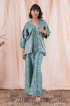 Buy_Farha Syed_Blue Banarasi Brocade Woven Checkered V Neck Top And Pant Set _at_Aza_Fashions