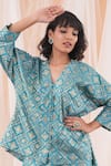 Shop_Farha Syed_Blue Banarasi Brocade Woven Checkered V Neck Top And Pant Set _at_Aza_Fashions