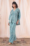 Farha Syed_Blue Banarasi Brocade Woven Checkered V Neck Top And Pant Set _at_Aza_Fashions