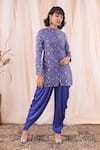 Buy_Farha Syed_Blue Jacket Banarasi Brocade Woven Floral Band Collar And Dhoti Pant Set _Online_at_Aza_Fashions