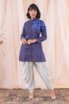 Farha Syed_Blue Jacket Tussar Ghicha Silk Embroidery Resham Band Work And Dhoti Pant Set_at_Aza_Fashions