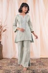 Buy_Farha Syed_Blue Banarasi Brocade Woven Chevron Notched Kurta And Pant Set _Online_at_Aza_Fashions