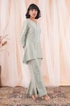 Farha Syed_Blue Banarasi Brocade Woven Chevron Notched Kurta And Pant Set _at_Aza_Fashions