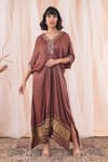 Buy_Farha Syed_Brown Modal, Satin, Taffeta Embroidery, Mirrors V-neck Placement Kaftan Dress _at_Aza_Fashions