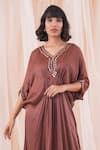 Shop_Farha Syed_Brown Modal, Satin, Taffeta Embroidery, Mirrors V-neck Placement Kaftan Dress _at_Aza_Fashions