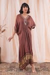 Buy_Farha Syed_Brown Modal, Satin, Taffeta Embroidery, Mirrors V-neck Placement Kaftan Dress _Online_at_Aza_Fashions