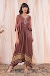 Shop_Farha Syed_Brown Modal, Satin, Taffeta Embroidery, Mirrors V-neck Placement Kaftan Dress _Online_at_Aza_Fashions