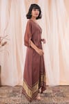 Farha Syed_Brown Modal, Satin, Taffeta Embroidery, Mirrors V-neck Placement Kaftan Dress _at_Aza_Fashions
