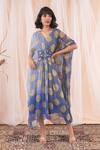 Buy Farha Syed Blue Georgette, Taffeta Embroidery, Sequins V-neck Polka Dot Woven Kaftan Dress at Aza Fashions Buy_Farha Syed_Blue Georgette, Taffeta Embroidery, Sequins V-neck Polka Dot Woven Kaftan Dress _at_Aza_Fashions
