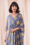 Shop Farha Syed Blue Georgette, Taffeta Embroidery, Sequins V-neck Polka Dot Woven Kaftan Dress at Aza Fashions Shop_Farha Syed_Blue Georgette, Taffeta Embroidery, Sequins V-neck Polka Dot Woven Kaftan Dress _at_Aza_Fashions