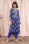 Buy_Farha Syed_Blue Kaftan Kurta Banarasi Georgette Woven Floral Polka Dot And Dhoti Pant Set _Online_at_Aza_Fashions