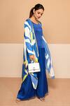 Shop_Kelaayah_Blue Satin Printed Cape Abstract Cape Full Sleeves Ayame Pant Set _at_Aza_Fashions