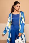 Kelaayah_Blue Satin Printed Cape Abstract Cape Full Sleeves Ayame Pant Set _Online_at_Aza_Fashions