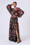 Buy_Kelaayah_Black Chinon Printed Floral V Neck Clementine Kaftan Top And Skirt Set _at_Aza_Fashions