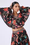 Kelaayah_Black Chinon Printed Floral V Neck Clementine Kaftan Top And Skirt Set _Online_at_Aza_Fashions