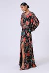 Buy_Kelaayah_Black Chinon Printed Floral V Neck Clementine Kaftan Top And Skirt Set _Online_at_Aza_Fashions