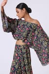 Kelaayah_Blue Chinon Printed Floral One Shoulder Top And Draped Skirt Set _Online_at_Aza_Fashions